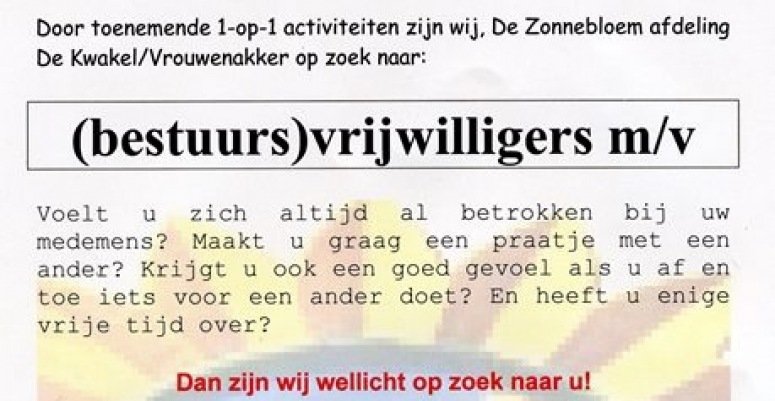 De Zonnebloem zoekt vrijwilligers